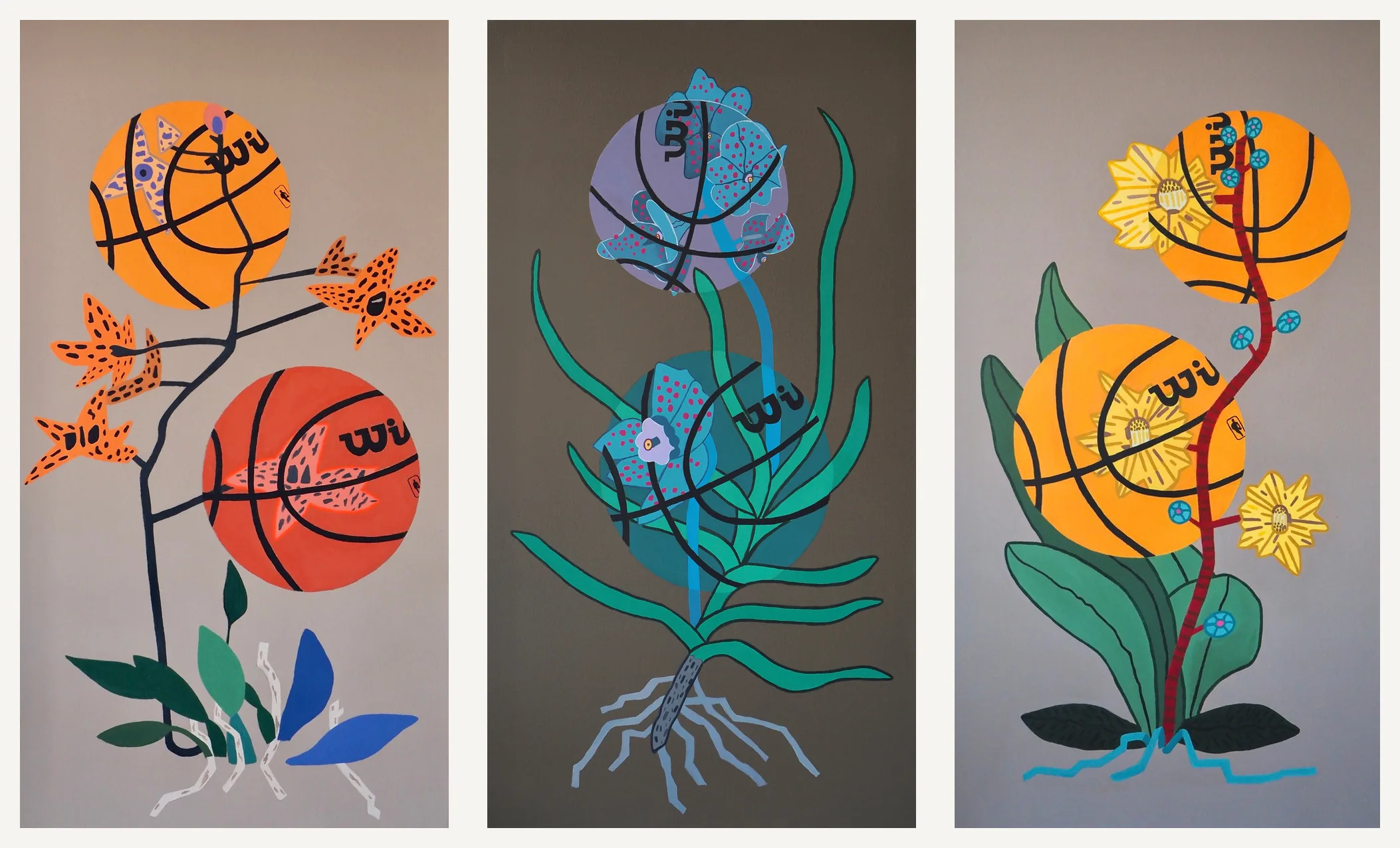 The triptych, three canvases with the brown ground in the centre