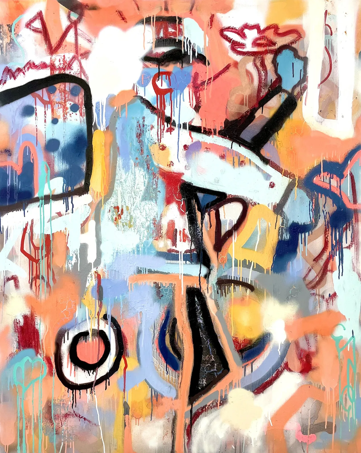 An abstract in coral, blue and yellow with spray paint and drips