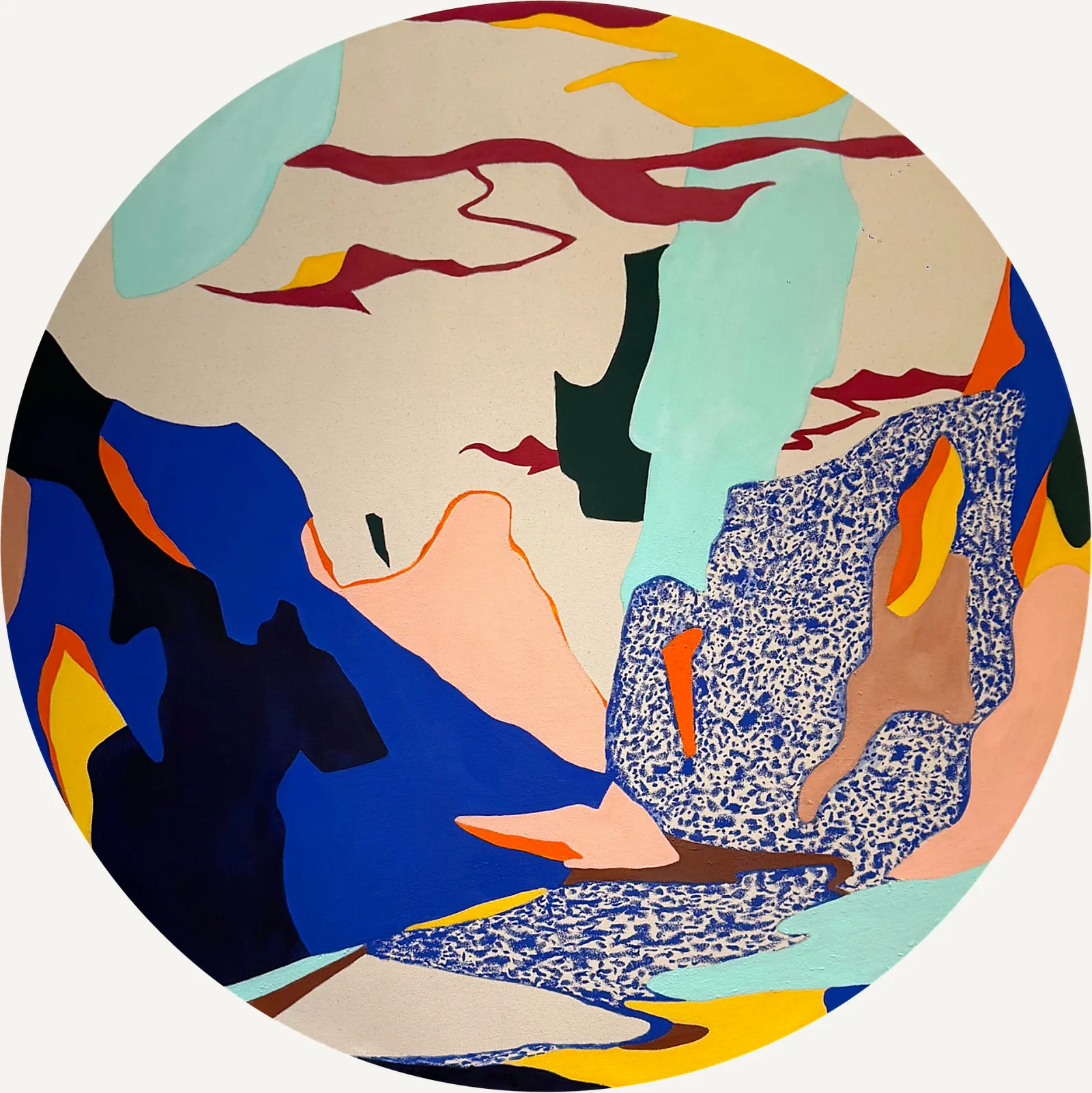 A circular painting, a landscape read as flat blocks of blue, mint, coral and yellow