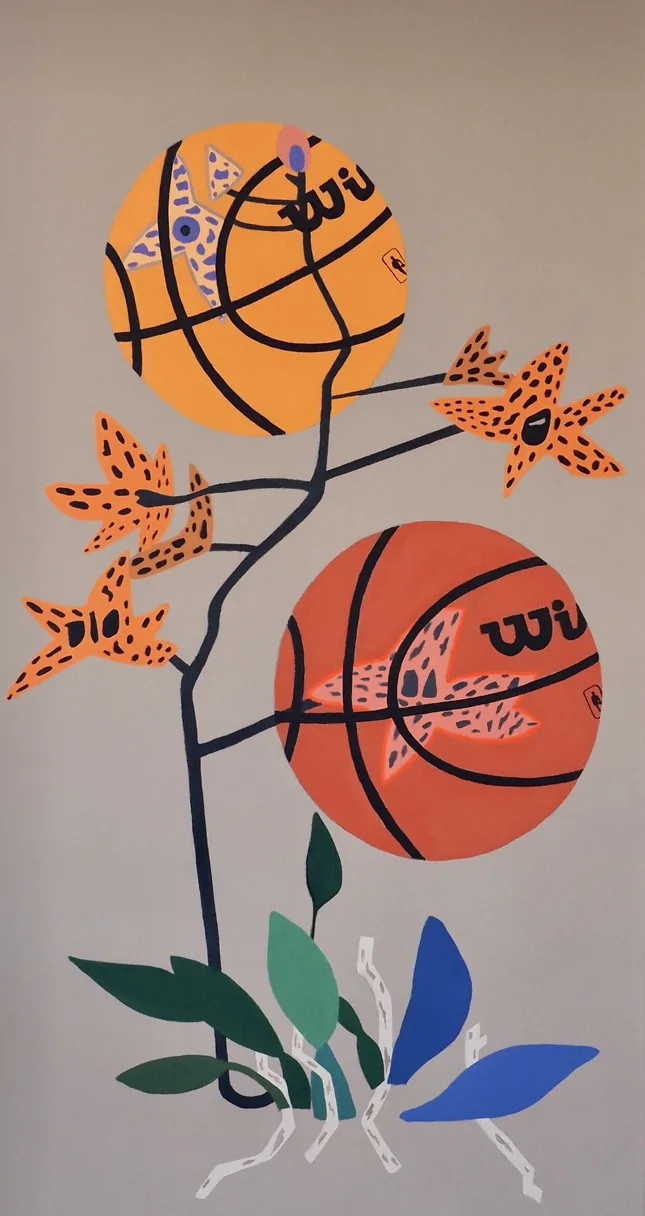 Left panel of the triptych, orange basketball forms on a grey ground