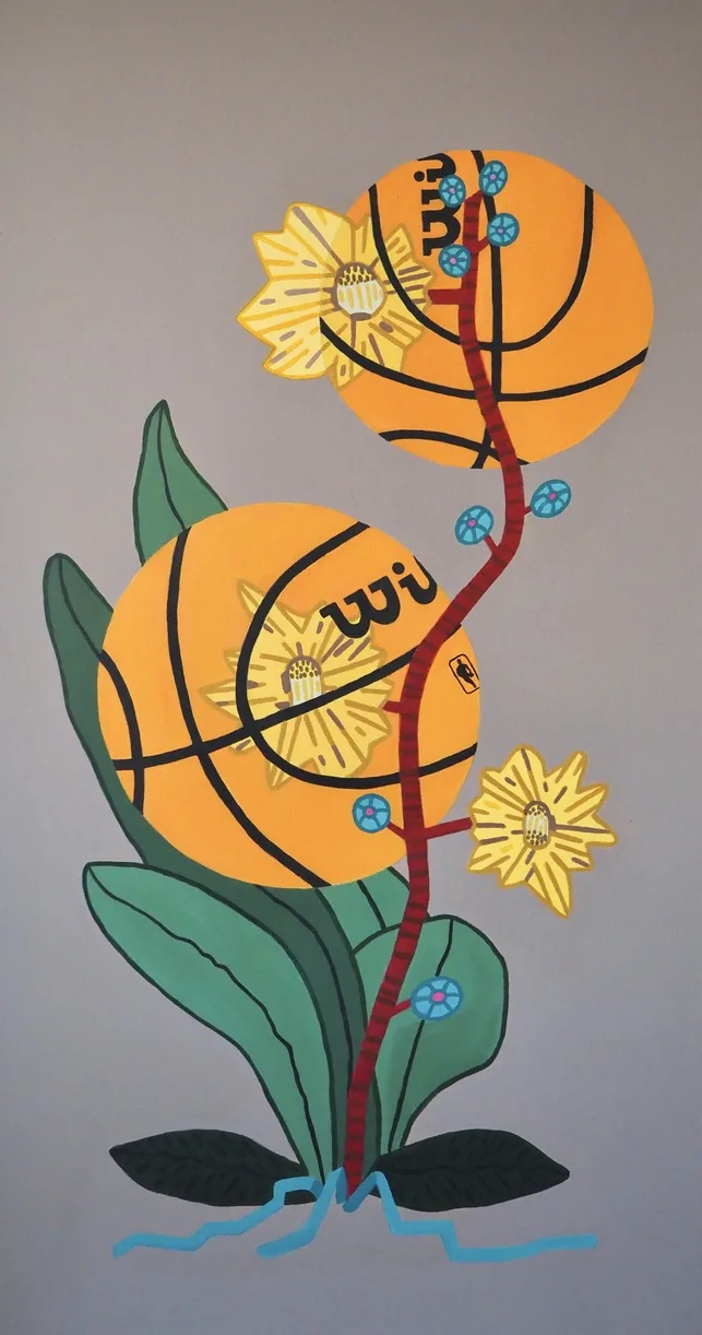 Right panel of the triptych, yellow basketball forms on a grey ground